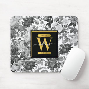 Black, White & Gold Vintage Floral Monogram Mouse Pad