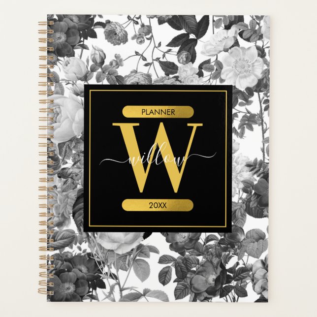 Black, White & Gold Vintage Floral Monogram  Planner (Front)