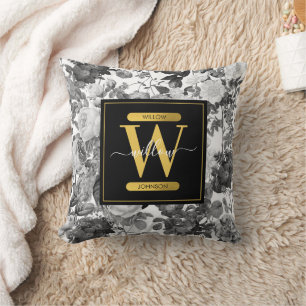 Black, White & Gold Vintage Floral Monogram Throw Pillow