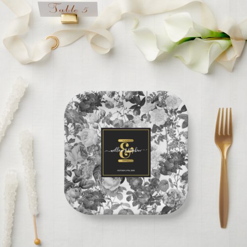 Black White Gold Vintage Floral Monogram Wedding  Paper Plates