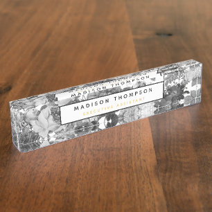 Black, White & Gold Vintage Floral Professional Desk Name Plate