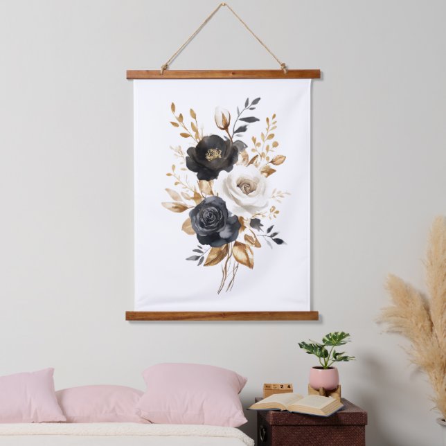 Black White Gold Watercolor Florals Hanging Tapestry (Bedroom)