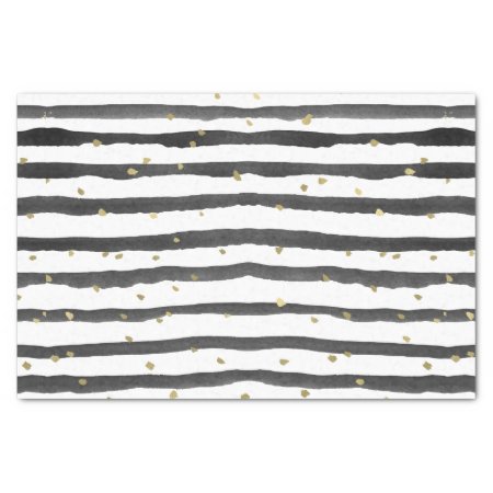Black White Gold Watercolor Stripes And Dots Tissue Paper