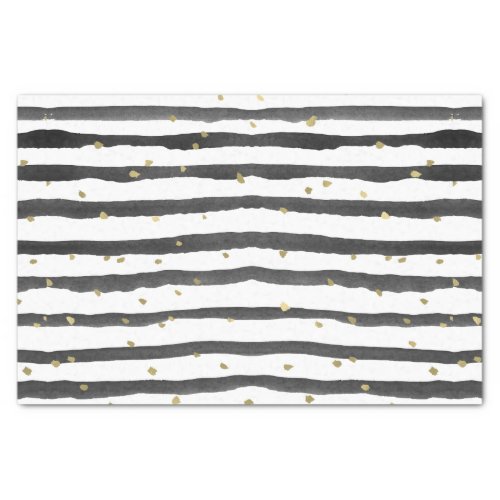 Black White Gold Watercolor Stripes and Dots Tissue Paper