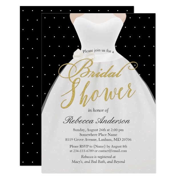 Black White Gold Wedding Dress Bridal Shower Invitation
