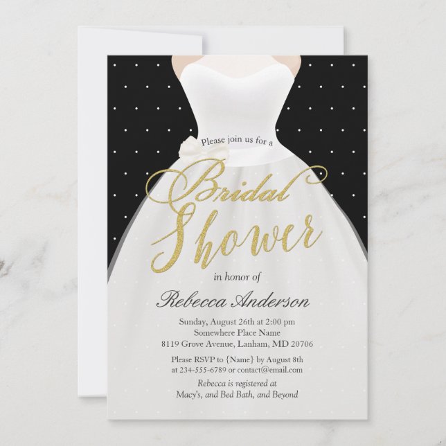 Black White Gold Wedding Dress Bridal Shower Invitation (Front)
