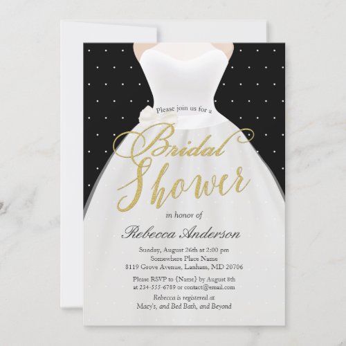 Black White Gold Wedding Dress Bridal Shower Invitation