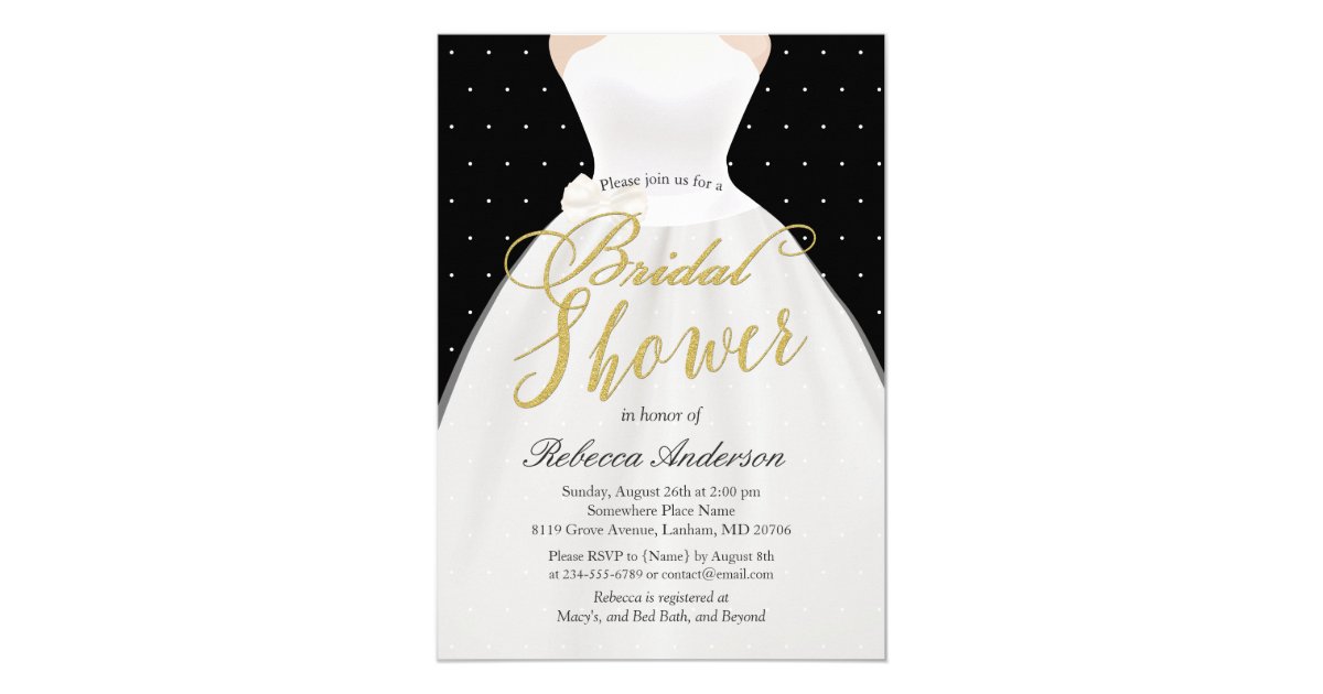 Black White Gold Wedding Dress Bridal Shower Invitation