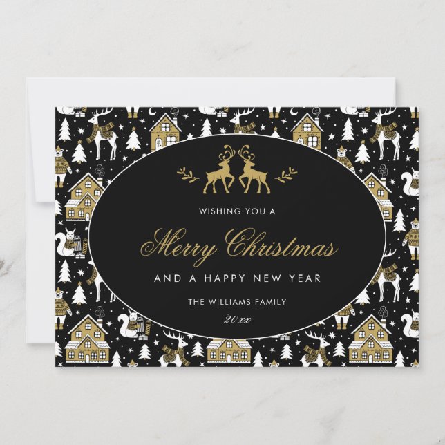 Black White Gold Winter Pattern Holiday Card (Front)