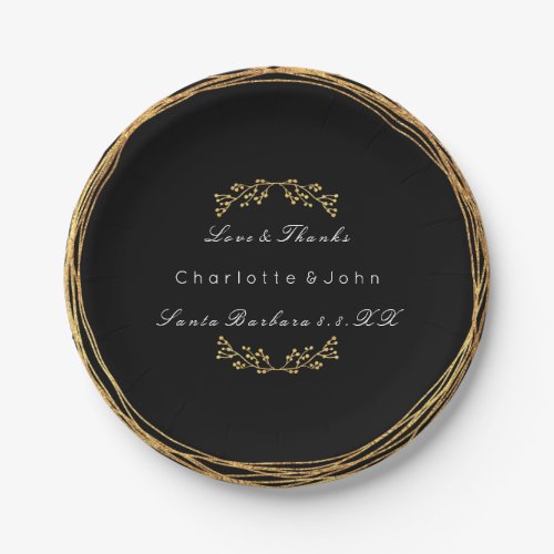 Black White Gold Wreath Floral  Wedding Vip Paper Plates