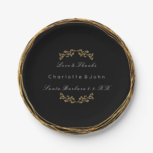 Black White Gold Wreath Floral  Wedding Vip Paper Plates (Front)