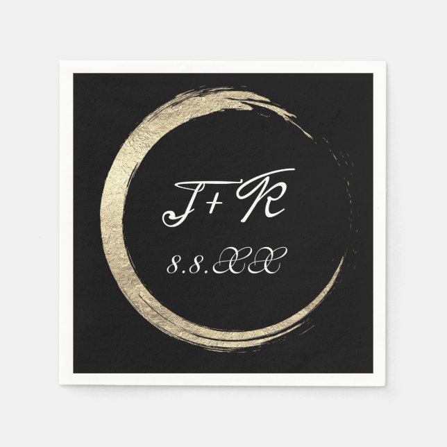Black White Gold Wreath Monogram Initials Date Napkins (Front)