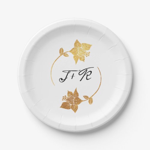 Black White Gold Wreath  Monogram Initials Floral Paper Plates