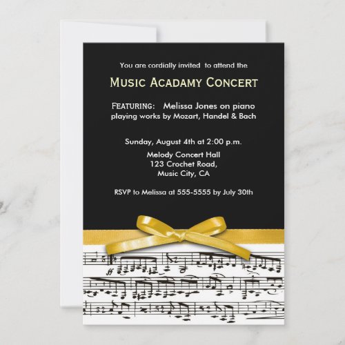 Black white &amp; gold yellow musical concert recital invites