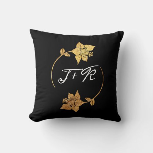 Black White Golden Flower Monogram Initial Minimal Throw Pillow
