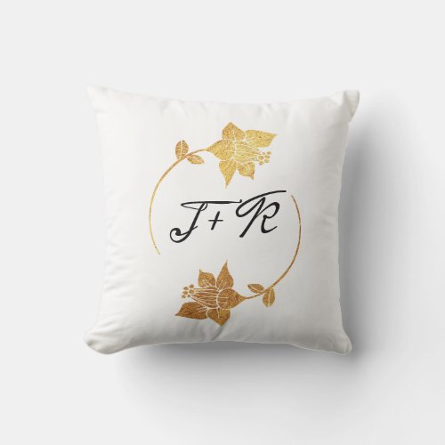 Black White Golden Flower Monogram Initial Wreath Throw Pillow