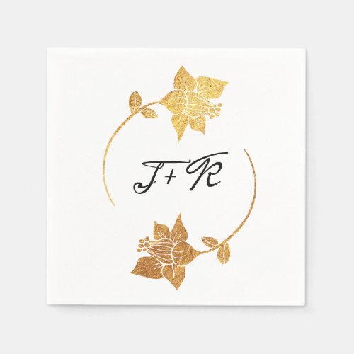 Black White Golden Flowers Monogram Initials Date Napkins