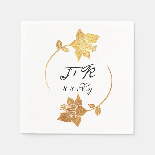 Black White Golden Flowers Monogram Initials Date Napkins