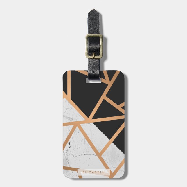 Black & White Golden Marble Mosaic Luggage Tag (Front Vertical)