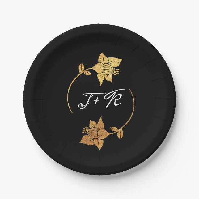 Black White Golden Ring Monogram Initials Floral Paper Plates (Front)