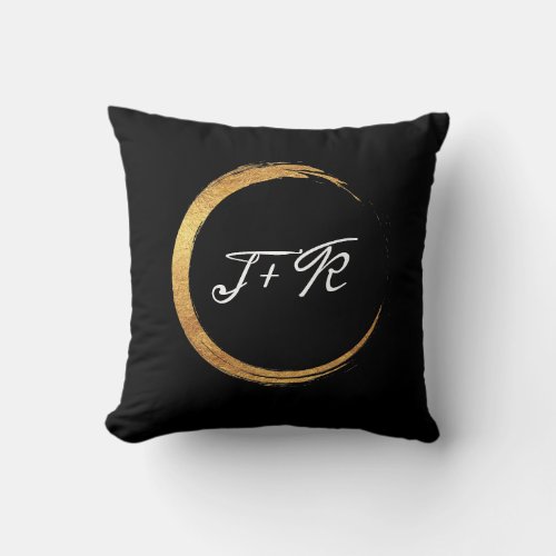 Black White Golden Ring Monogram Initials Minimal Throw Pillow