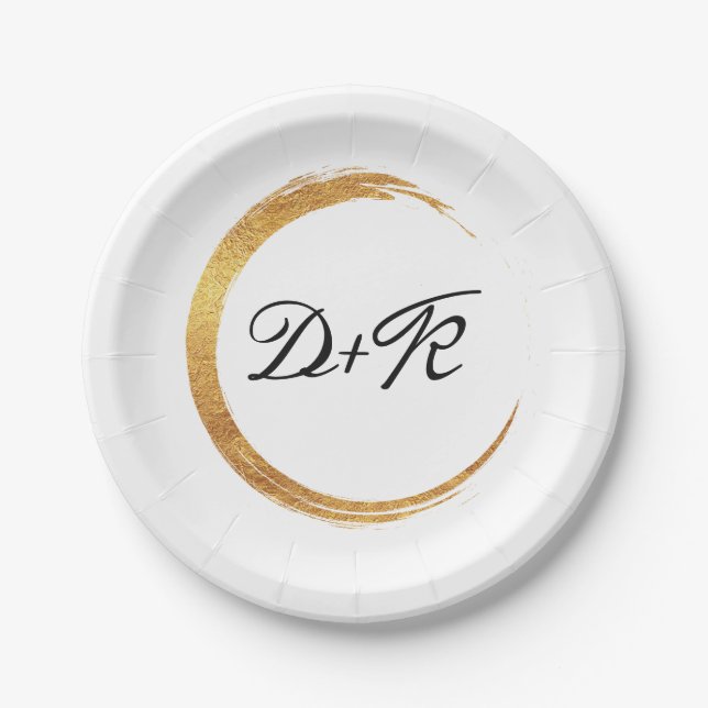 Black White Golden Ring Monogram Initials Name Paper Plates (Front)