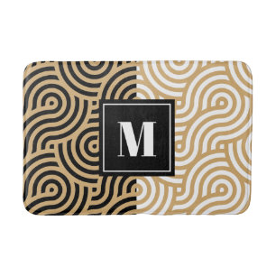 Black & White Golden Sea Ocean Waves Monogram Bath Mat