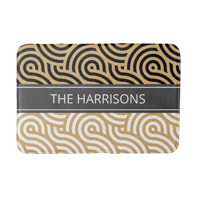 Black & White Golden Sea Ocean Waves Pattern Bath Mat (Front)