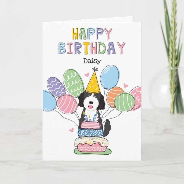Black White Goldendoodle Dog Happy Birthday Card (Front)