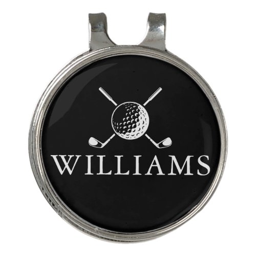 Black White Golf Ball And Clubs Personalized Name Golf Hat Clip