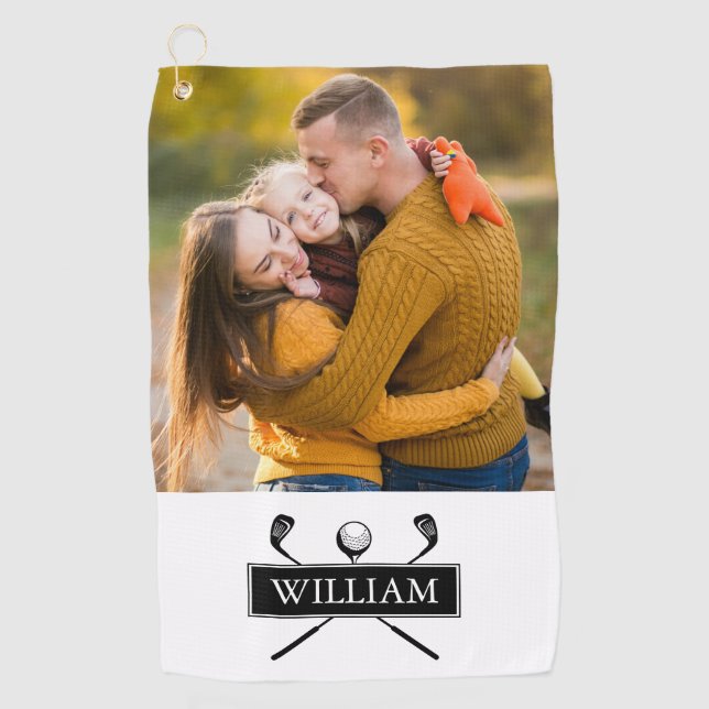Black White Golf Clubs And Ball Custom Name Photo Golf Towel (Front)
