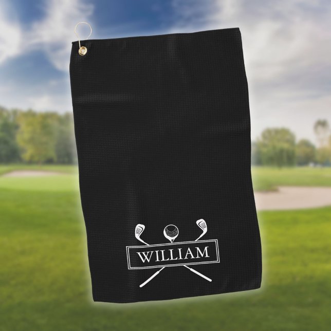 Black White Golf Clubs And Ball Personalized Name Towel (Black White Golf Clubs And Ball Personalized Name Golf Towel)