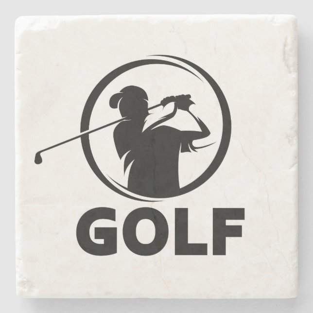 Black & White Golf Swing Silhouette Stone Coaster (Front)