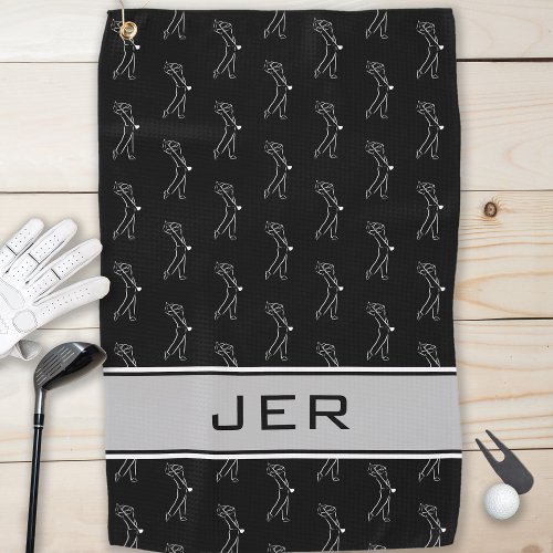 Black  White Golfer Male Silhouette Monogrammed Golf Towel