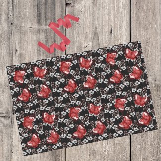 Black White Goth Floral With Red Butterflies