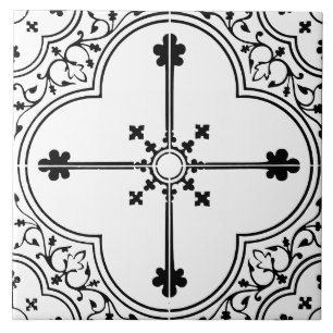 Black & White Gothic Clover Cross Vintage Antique Ceramic Tile