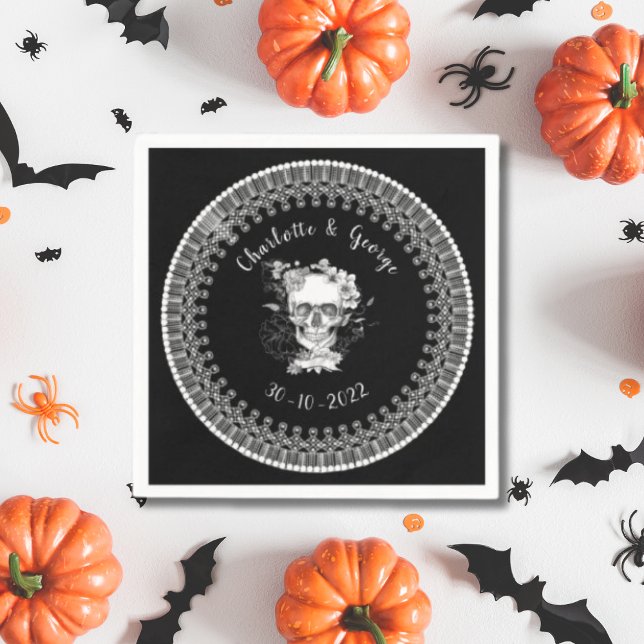 Black White Gothic Floral Skull Halloween Wedding Napkins (Creator Uploaded)