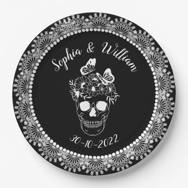 Black White Gothic Floral Skull Halloween Wedding Paper Plates (Front)