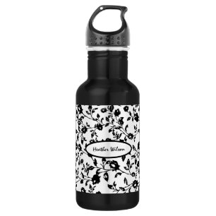 Black & White Gothic Floral Water Bottle with Name