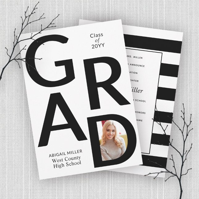 Black, white GRAD Class of 2026 photo graduation Announcement (Creator Uploaded)