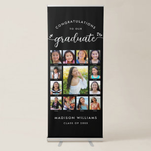 Black White Grad K–12 Script Hearts Photo Collage Retractable Banner