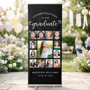 Black White Grad K–12 Script Hearts Photo Collage Retractable Banner