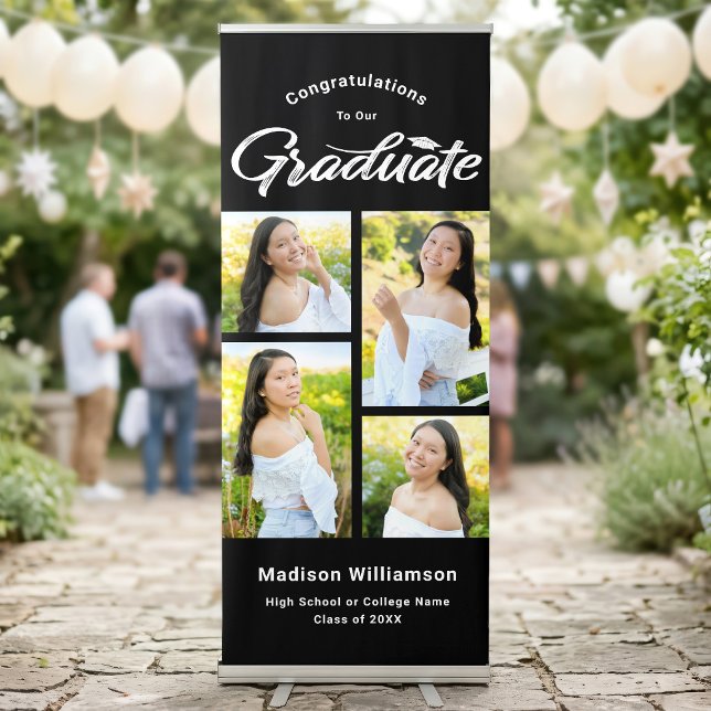 Black White Graduate 4 Photo Collage Modern Script Retractable Banner (Creator Uploaded)
