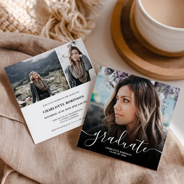 Black white graduate script photo graduation invitation (Black white graduate script photo graduation invitation)