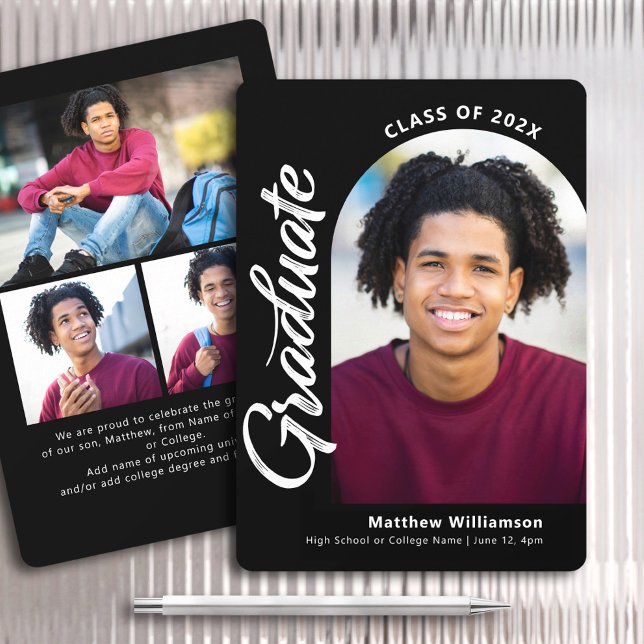 Black White Graduation 4 Photo Bold Arch Script Announcement (Creator Uploaded)