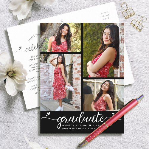 Black White Graduation 4 Photo Modern Script Heart Invitation Postcard