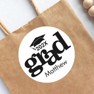 Black White Graduation Bold Modern Typography Classic Round Sticker