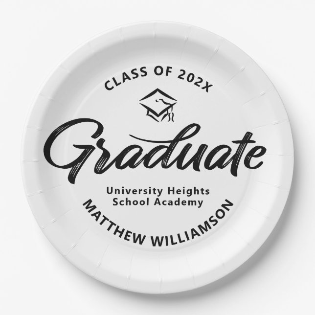 Black White Graduation Bold Retro Script Cap Icon Paper Plates (Front)
