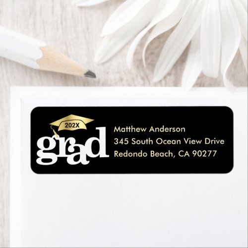 Black White Graduation Bold Type Gold Cap Address Label