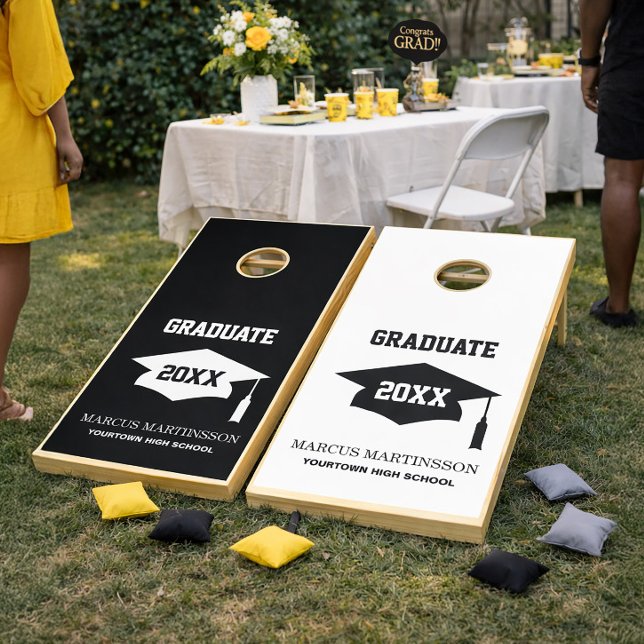  Black White Graduation Cap Class  Cornhole Set (Black and white graduation party corn hole set)